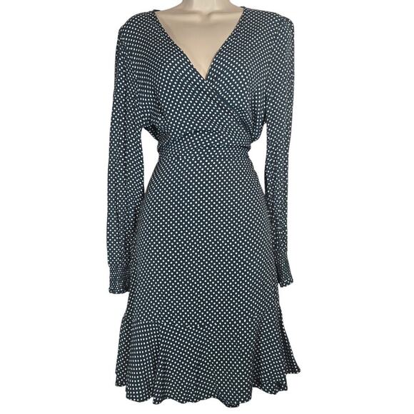 Loft Green Polka Dot Wrap Long Sleeve Dress 14 Plus Office Flirty Knee Office - Picture 1 of 8